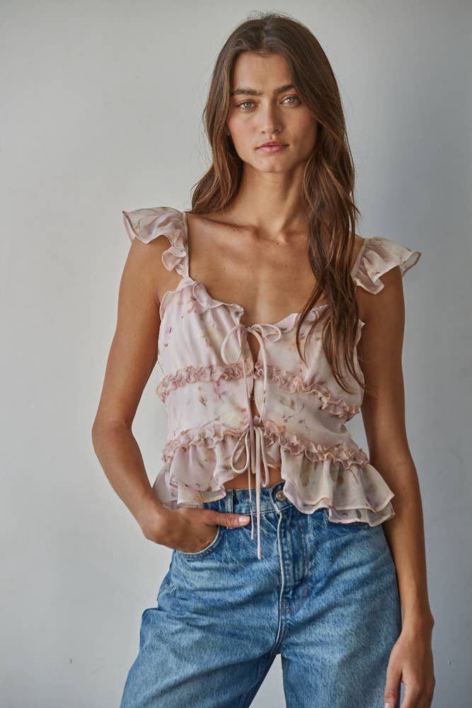 L9720 | Woven Polyester Floral Print V-Neck Ruffled Top