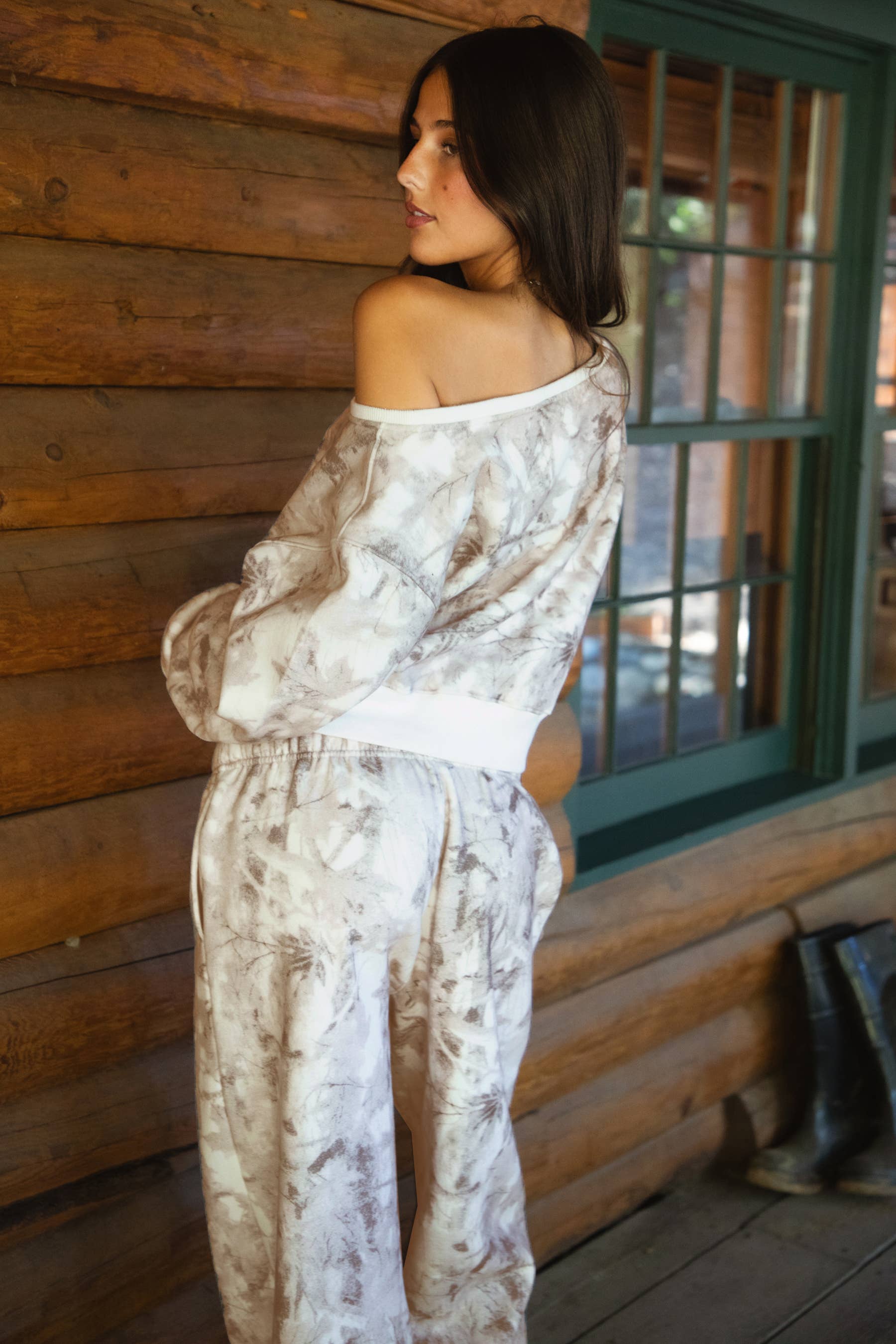 AVERY Light Camo Off Shoulder Cloud Fleece Sweatshirt