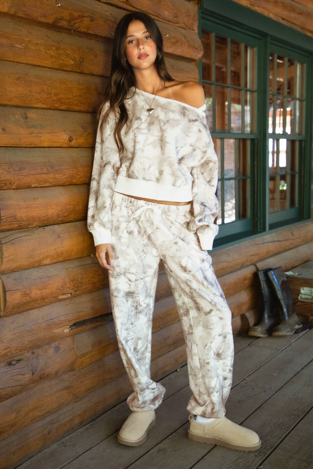 AVERY Light Camo Off Shoulder Cloud Fleece Sweatshirt