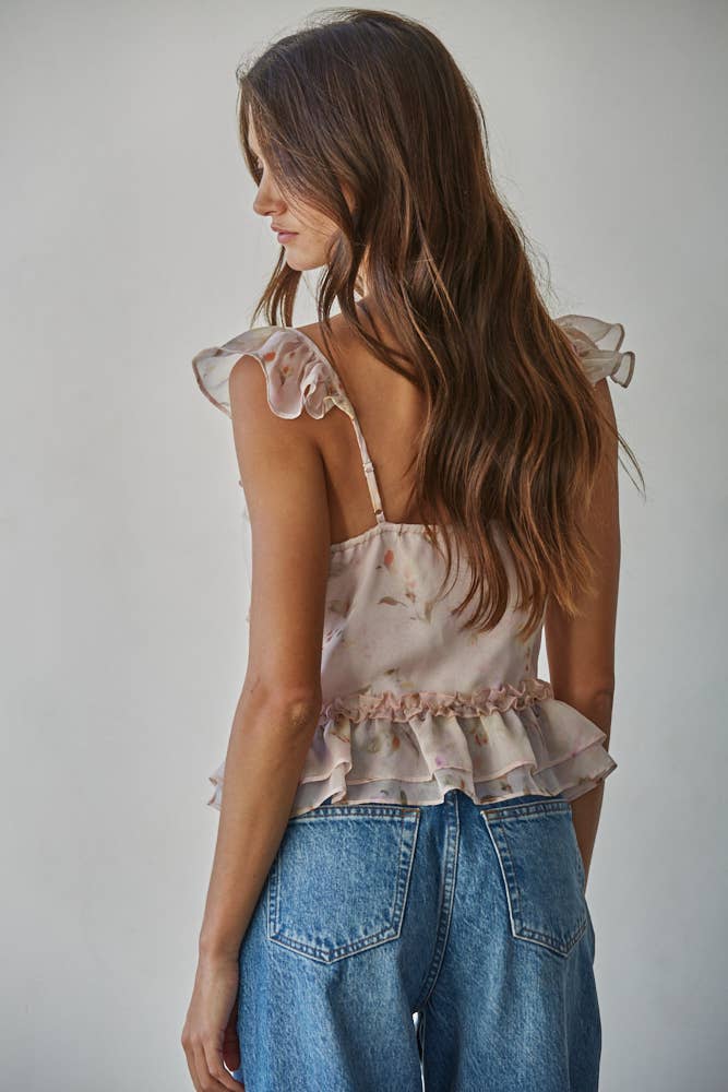 L9720 | Woven Polyester Floral Print V-Neck Ruffled Top