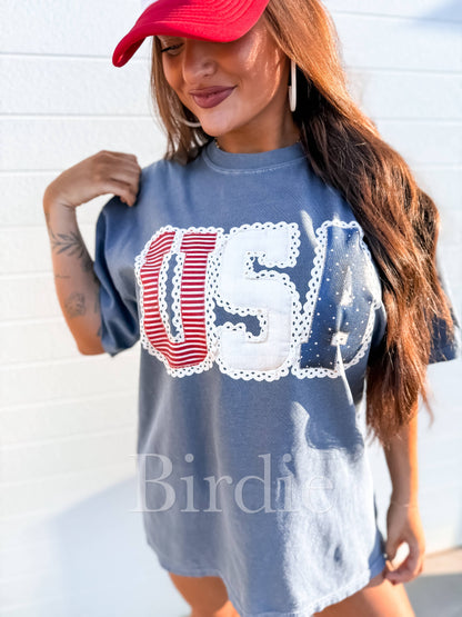 USA Lace Graphic Tee on Denim
