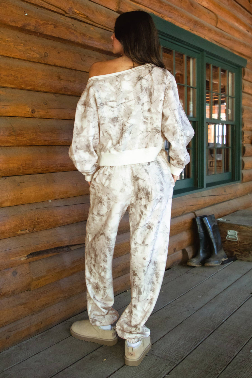 AVERY Light Camo Off Shoulder Cloud Fleece Sweatshirt