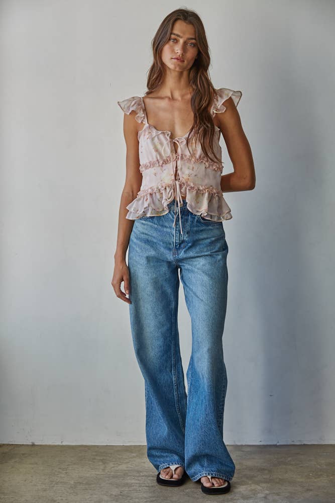 L9720 | Woven Polyester Floral Print V-Neck Ruffled Top