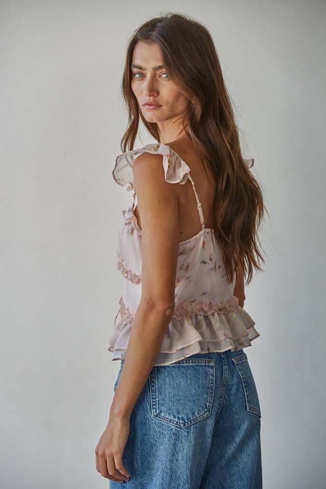 L9720 | Woven Polyester Floral Print V-Neck Ruffled Top