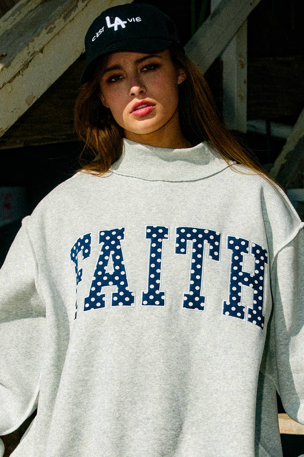 FAITH Embroidered Polka-Dot Mock Neck Sweatshirt
