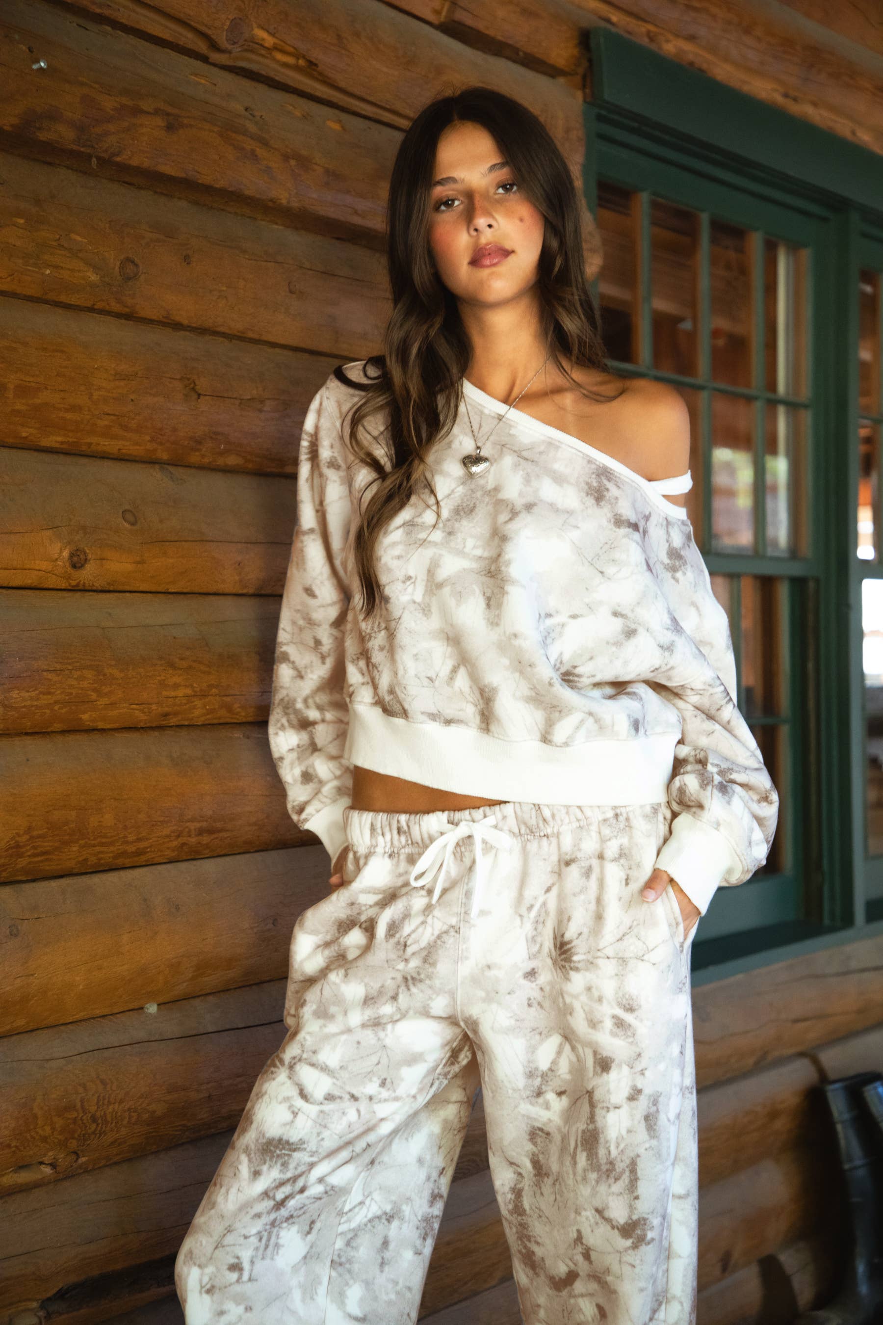 AVERY Light Camo Off Shoulder Cloud Fleece Sweatshirt
