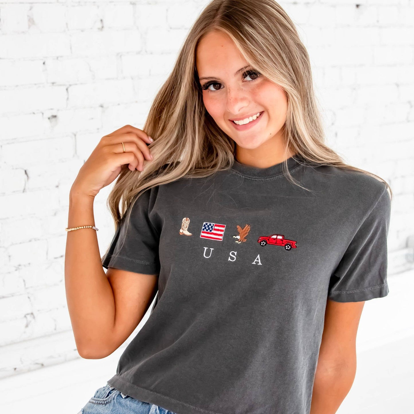 Embroidered USA Icons Comfort Colors Cropped Tee